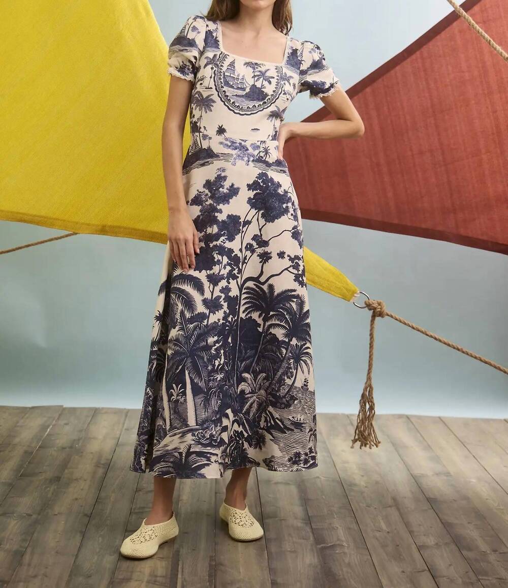 NEW HUNTER BELL cecily square neck midi dress in bermuda toile